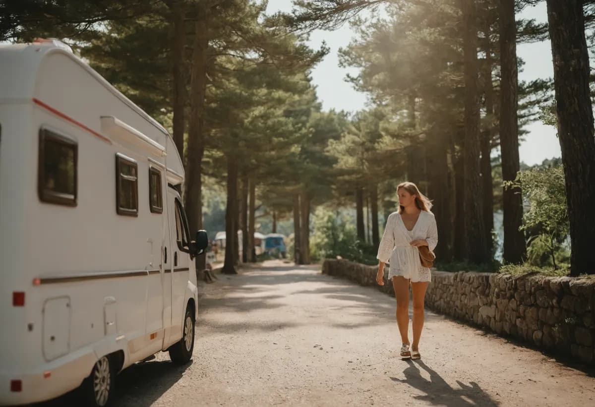 Wohnwagen auf einem sonnigen Campingplatz in der Natur