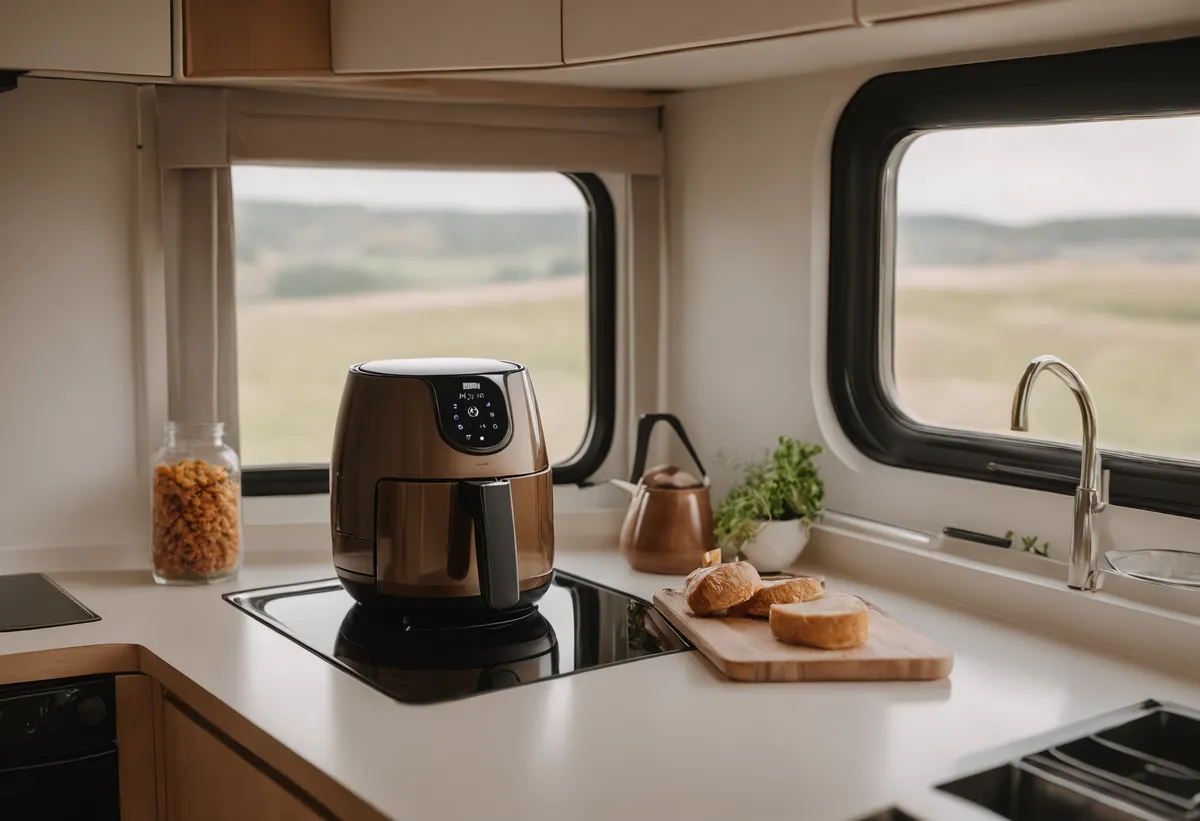 Kompakte Heißluftfritteuse auf der Arbeitsfläche in einem Wohnwagen