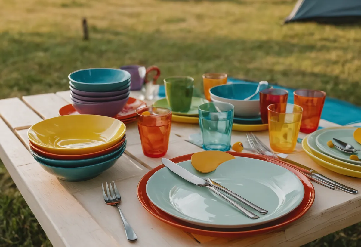 Camping-Besteckset und bruchsichere Weingläser auf einem gedeckten Campingtisch