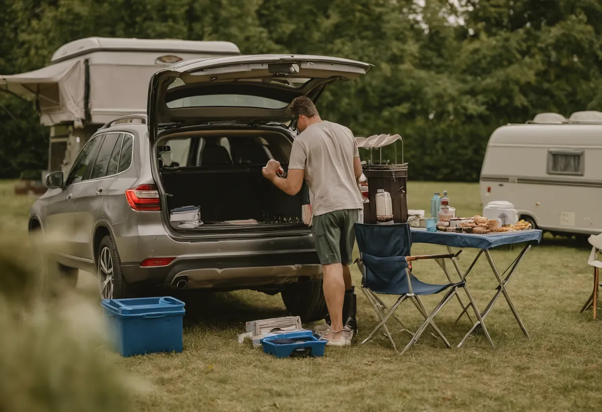 Gepackte Kisten und Taschen vor einem Wohnwagen vor der Abreise