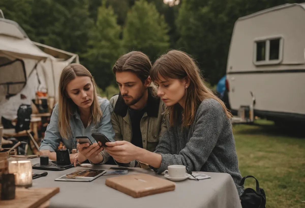 Einsteiger-Paar schaut etwas überfordert auf ihren ersten Wohnwagen