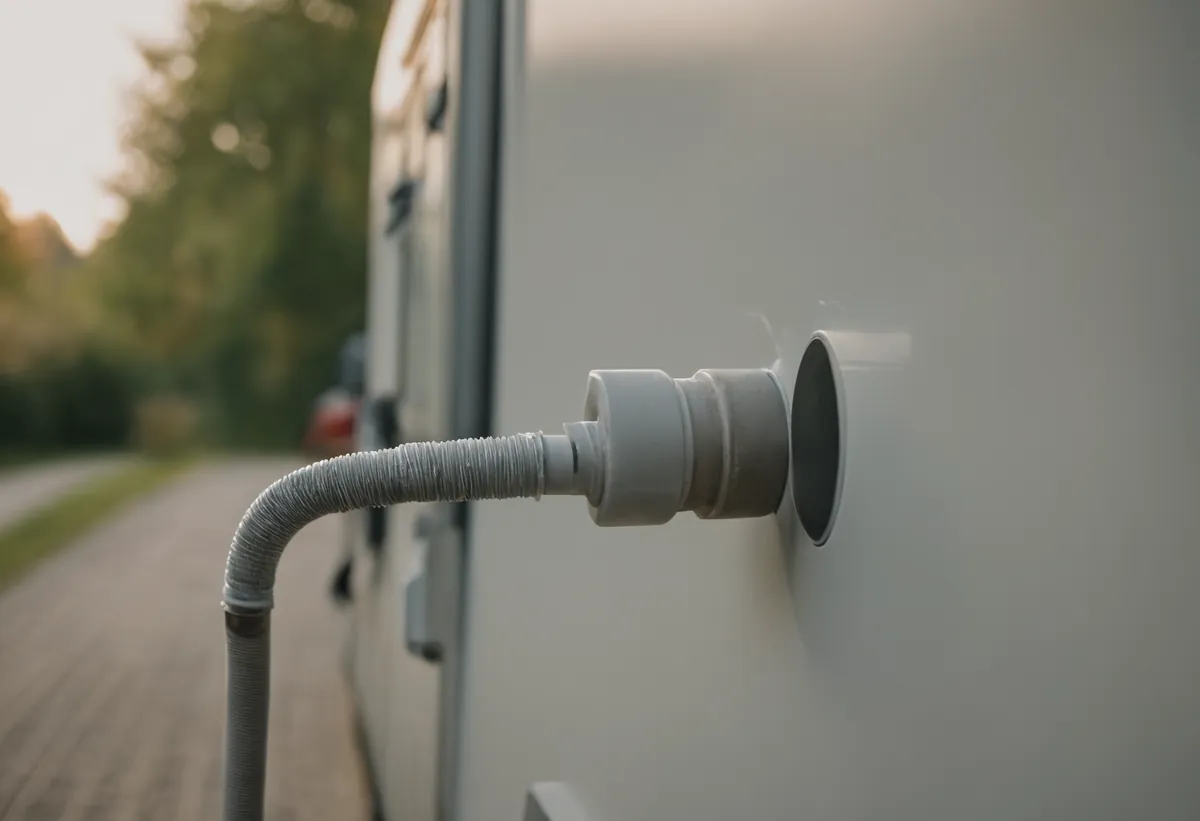 Floe-System Druckluftanschluss an einem Wohnwagen zur Wasserentleerung