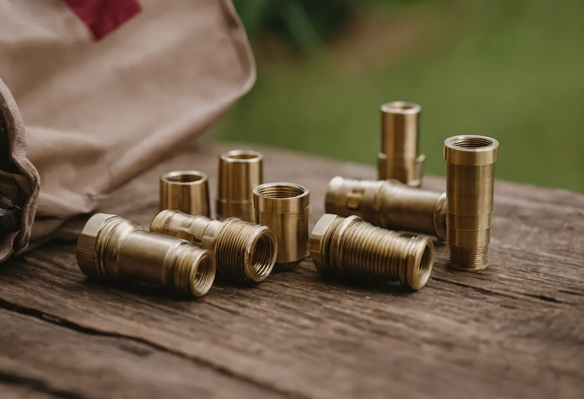 Gardena-Adapter und verschiedene Wasserhahn-Aufsätze in einer Tasche