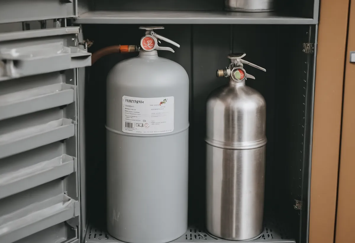 Graue Stahl-Gasflasche und silberne Alugas-Flasche nebeneinander im Gaskasten