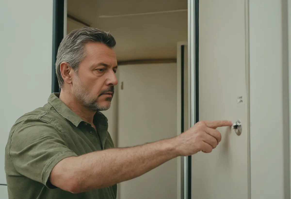 Käufer inspiziert gebrauchten Wohnwagen auf einem Händlergelände