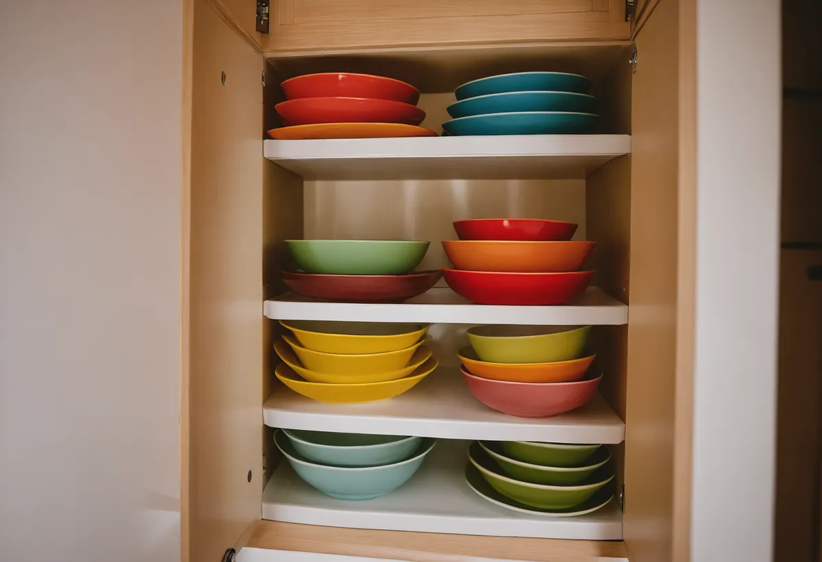 Stapelbares Camping-Geschirr aus Melamin in einem Wohnwagen-Oberschrank