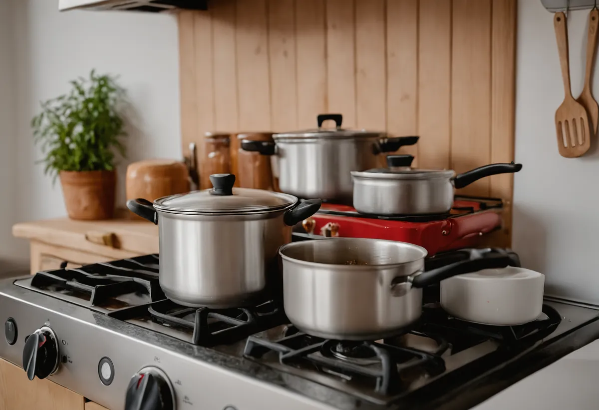 Stapelbares Camping-Kochtopfset neben einem Wohnwagen-Gaskocher