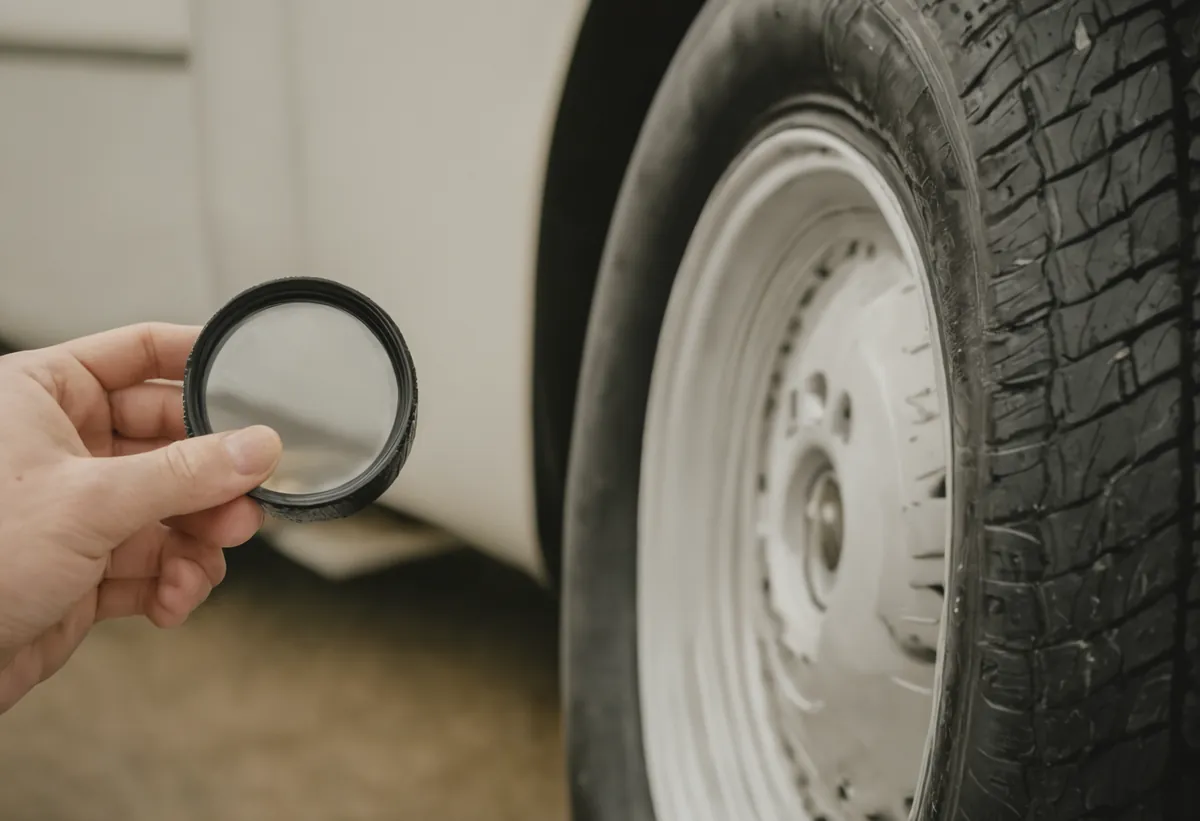 DOT-Nummer auf einem Wohnwagen-Reifen mit Lupe zur Veranschaulichung