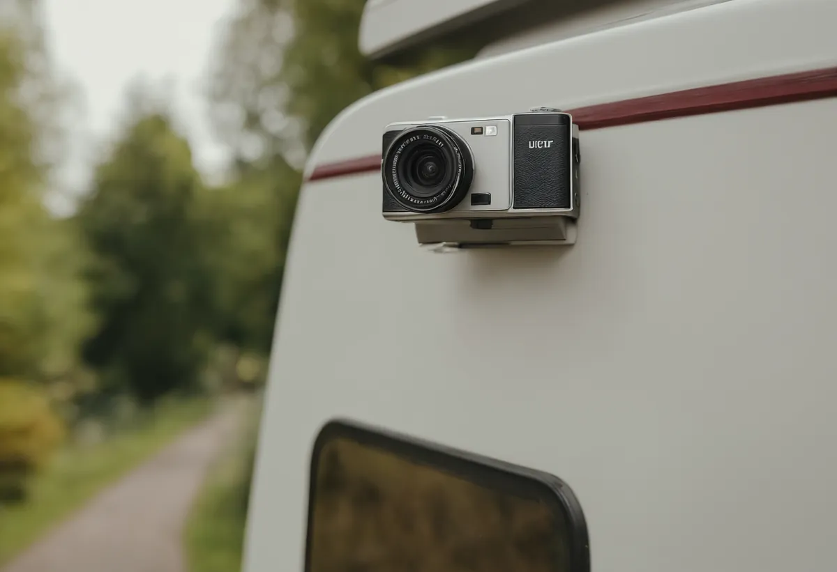 Rückfahrkamera montiert am Heck eines Wohnwagens mit Monitor im Zugfahrzeug