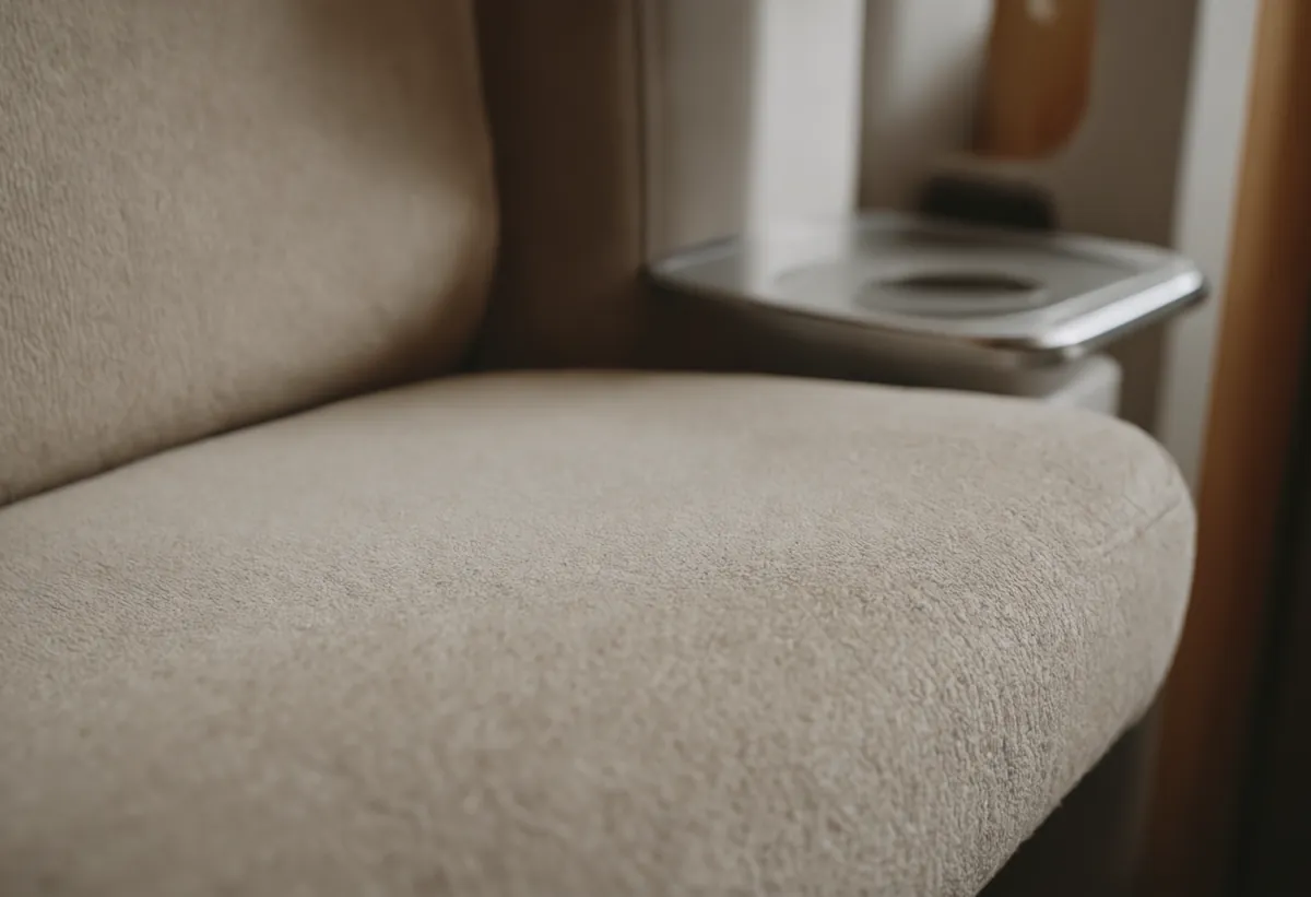 Kompakter Akku-Handstaubsauger im Wohnwagen auf der Sitzgruppe