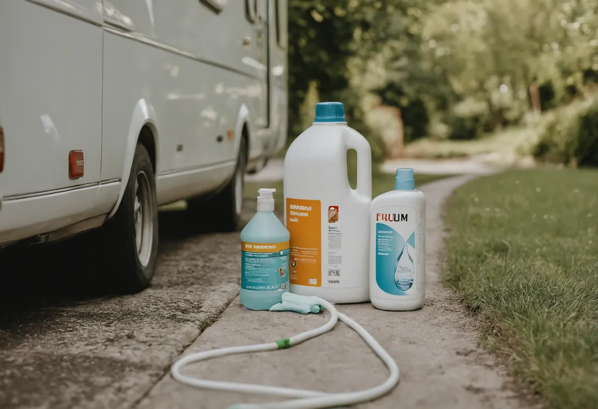 Reinigung der Wohnwagen-Wasseranlage mit Schläuchen und Reinigungsmittel