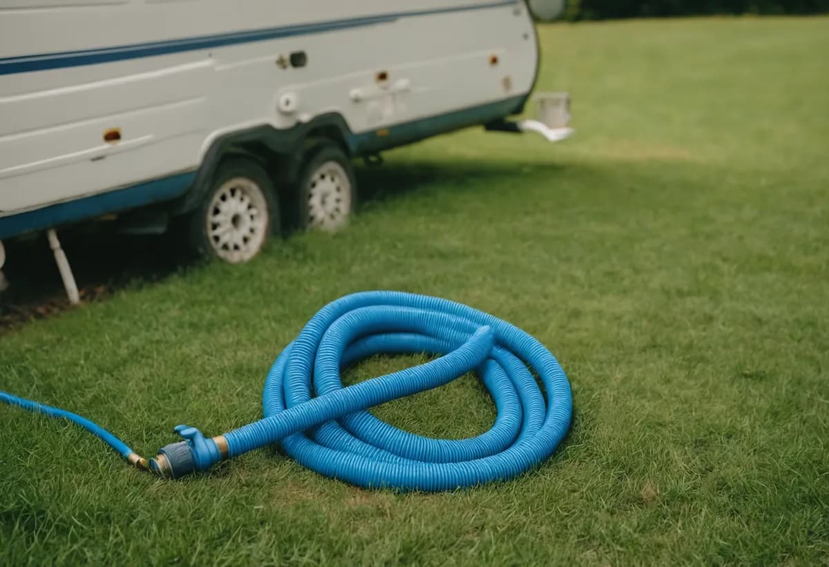 Blauer lebensmittelechter Wasserschlauch angeschlossen am Wohnwagen