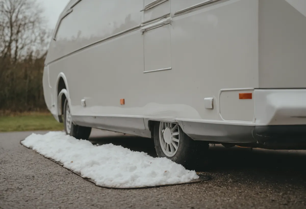 Windschürze am Unterboden eines Wohnwagens