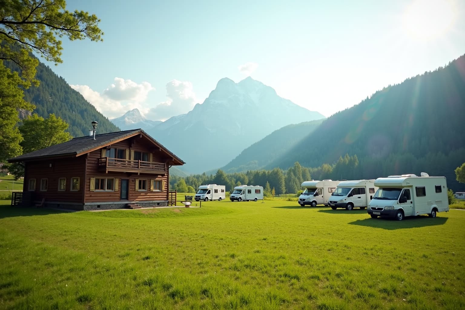 Campingplatz im bayerischen Alpenvorland mit Bergpanorama