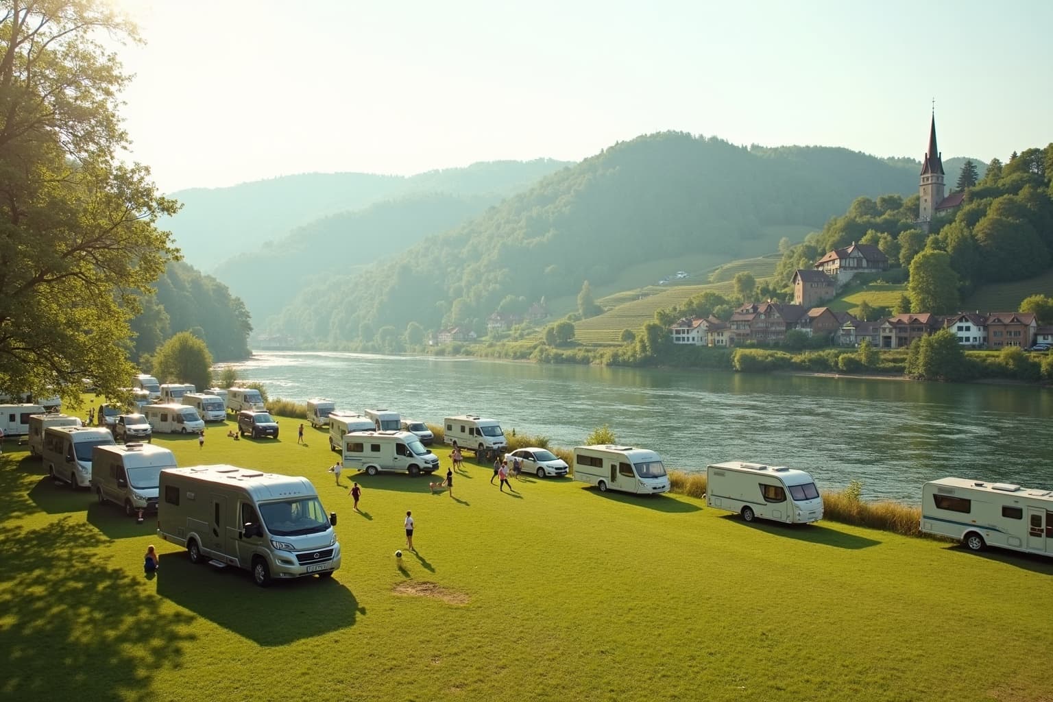 Campingplatz an der Mosel mit Weinbergen im Hintergrund