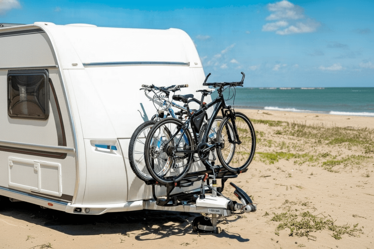 Fahrradträger mit zwei Rädern montiert an der Deichsel eines Wohnwagens