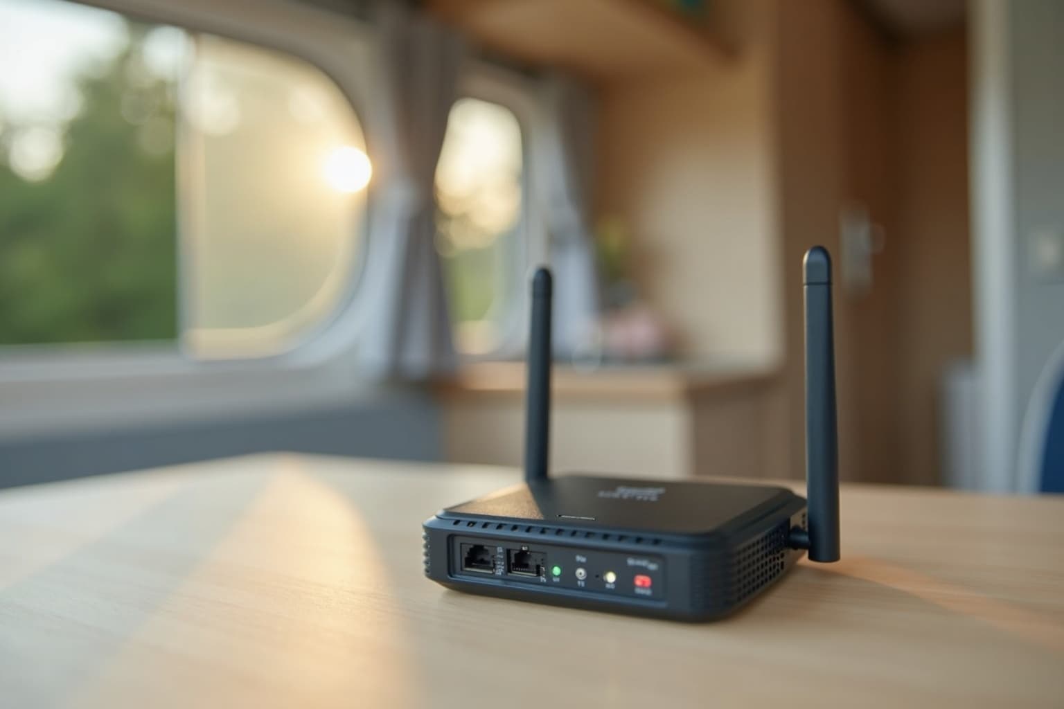 Mobiler LTE-Router auf dem Tisch im Wohnwagen mit Smartphone daneben