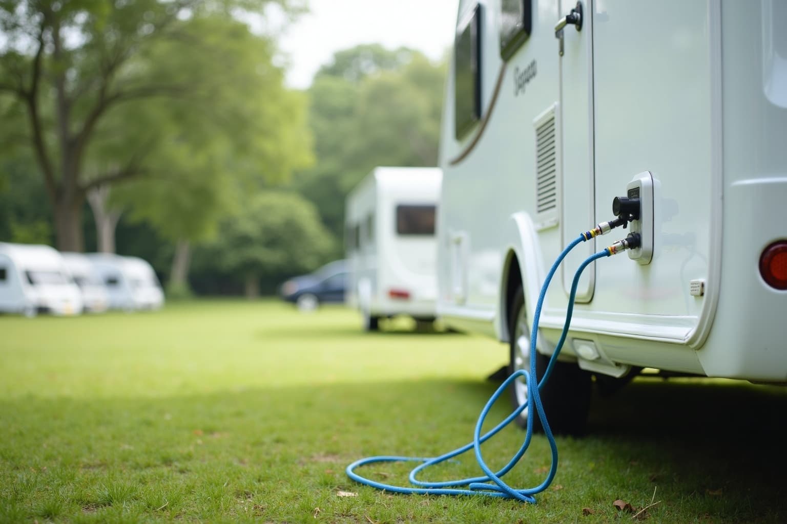 Wohnwagen wird auf eine Campingplatz-Parzelle gefahren
