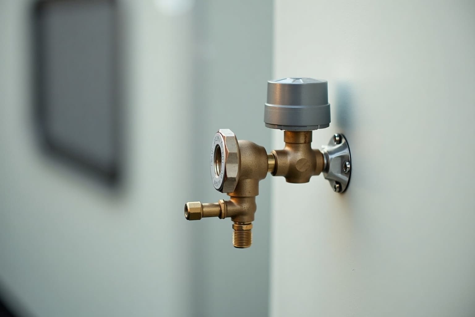 Gasflaschen und Druckminderer im Gaskasten eines Wohnwagens