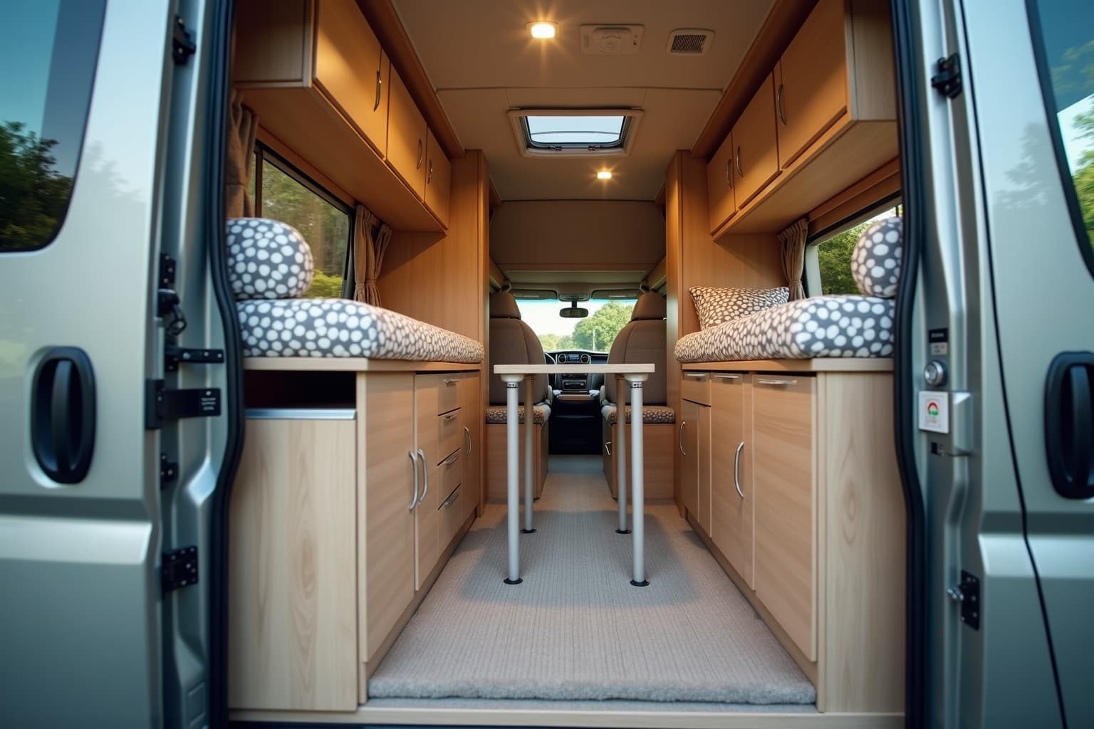 Familie mit Kindern am Campingtisch vor ihrem Wohnwagen