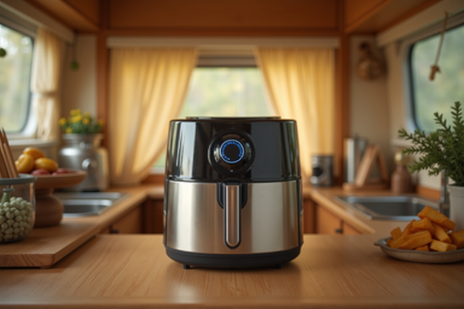 Kompakte Heißluftfritteuse auf der Arbeitsfläche in einem Wohnwagen