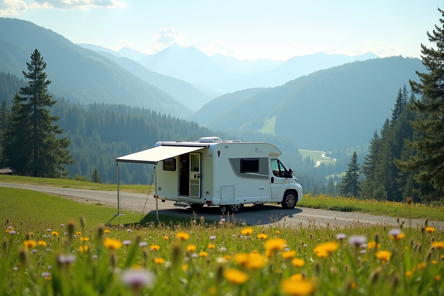Wohnwagen auf einem Stellplatz mit Blick auf die Ostsee