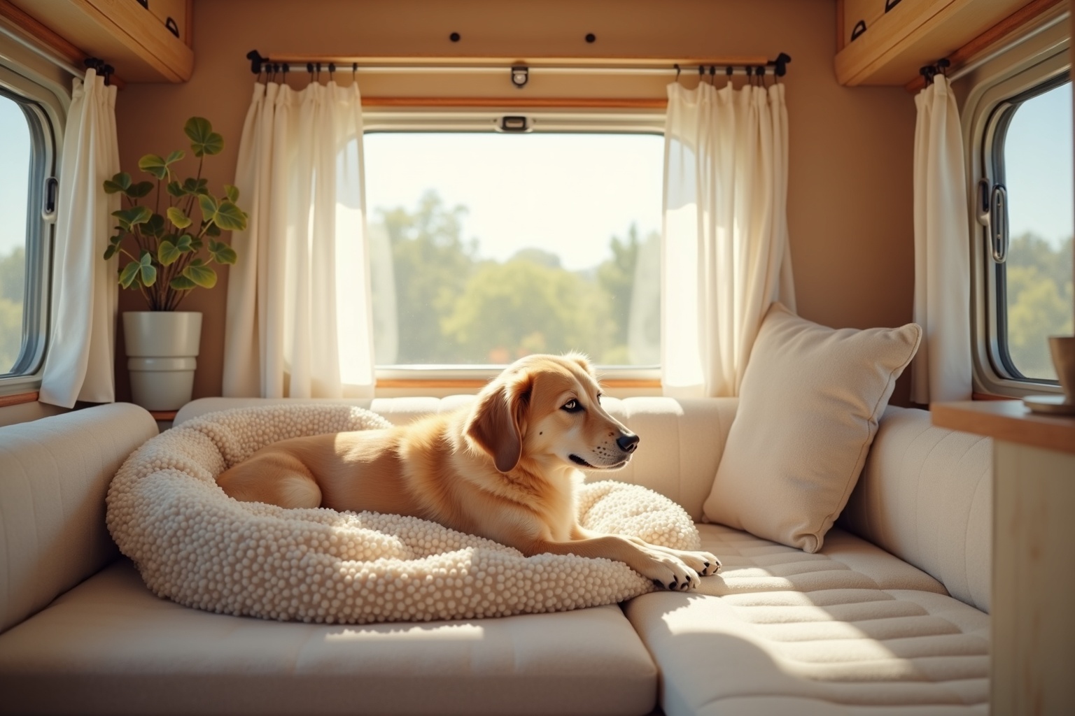 Hund liegt entspannt vor einem Wohnwagen auf einem Campingplatz