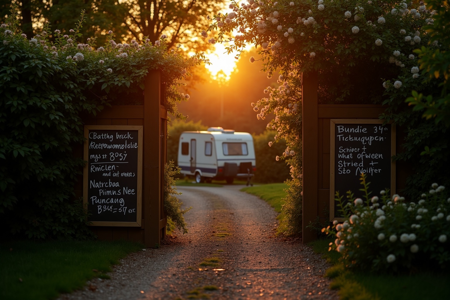 Campingplatz mit Eingang und Preisliste an einem Tor