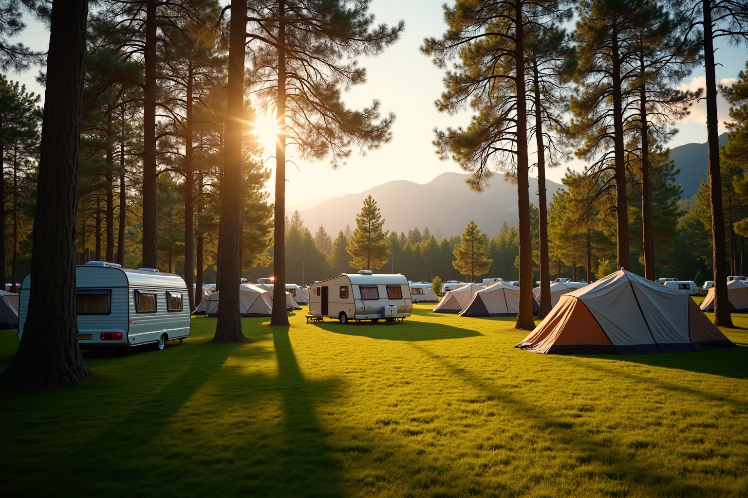 Campingplatz in Deutschland mit Wohnwagen und Zelten in der Abendsonne
