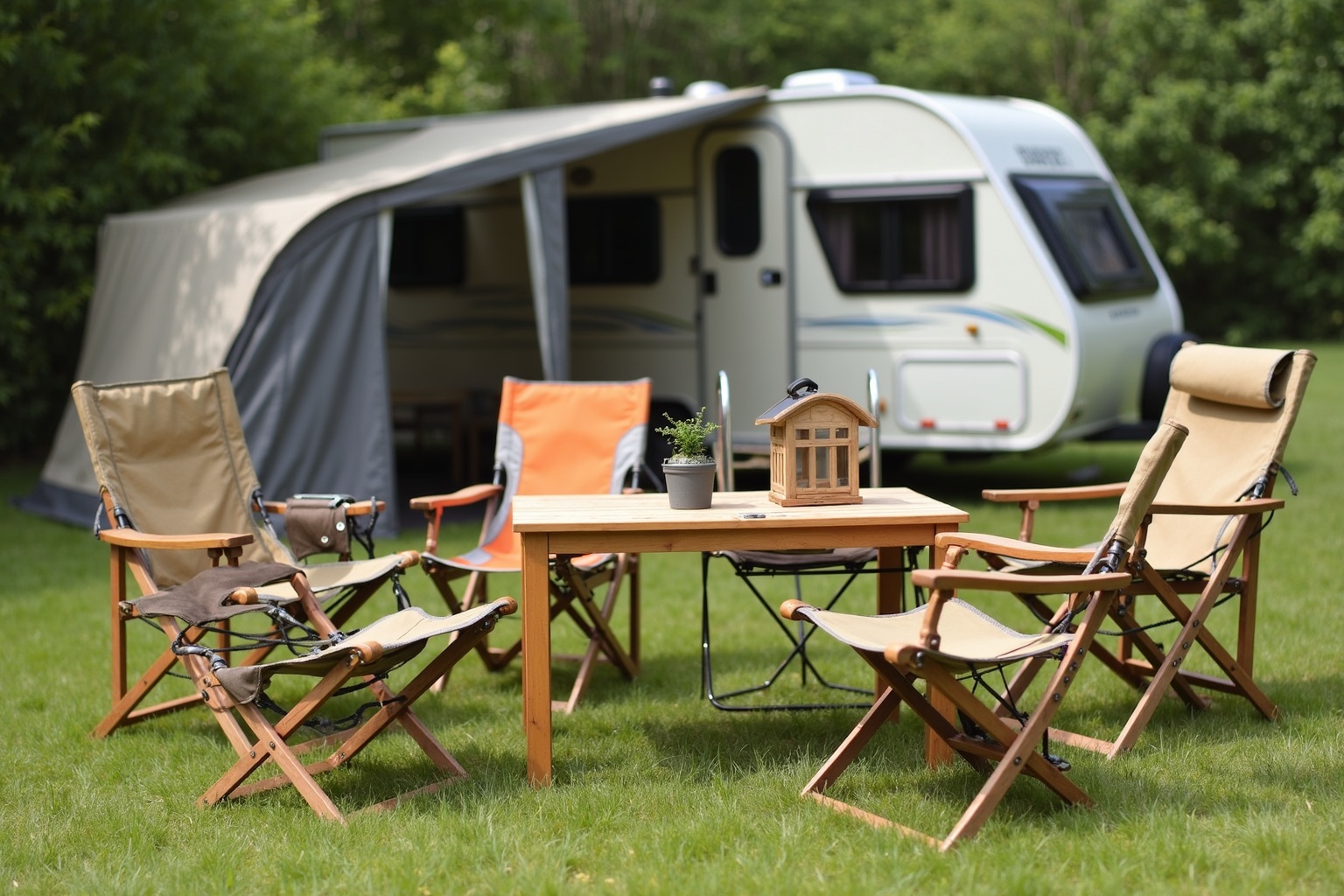 Camping-Sitzgruppe vor Wohnwagen