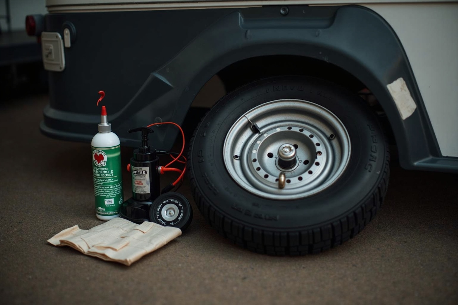 Ersatzrad und Pannenkit nebeneinander vor einem Wohnwagen