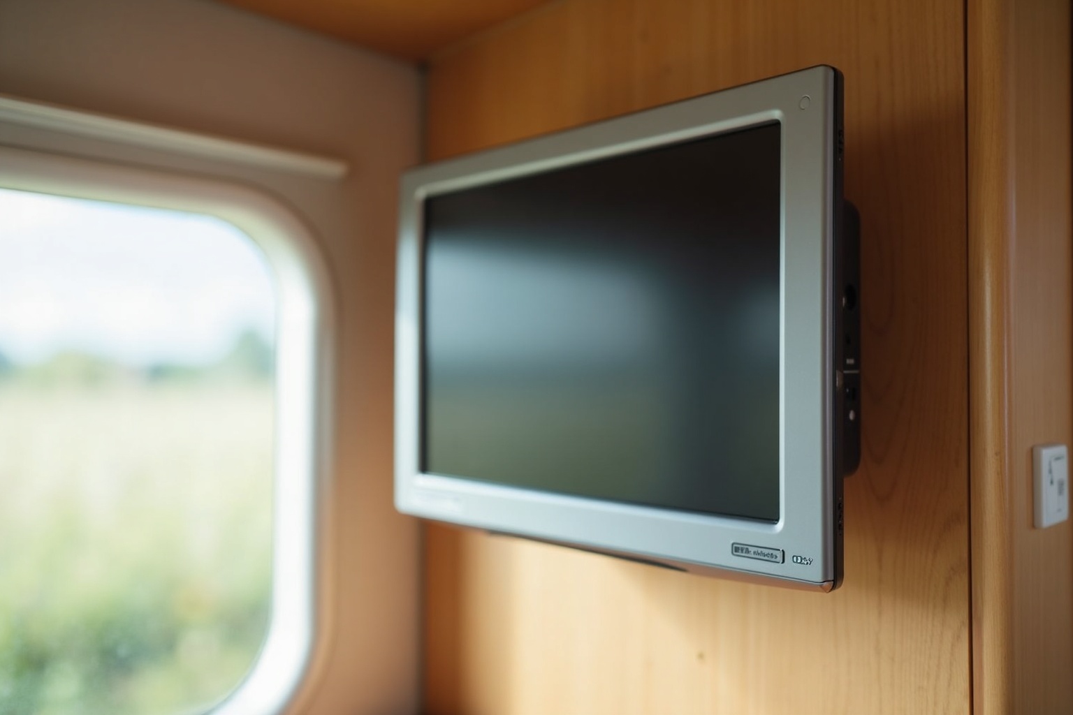 Flacher 24-Zoll-Camping-Fernseher an der Wohnwagen-Wand montiert