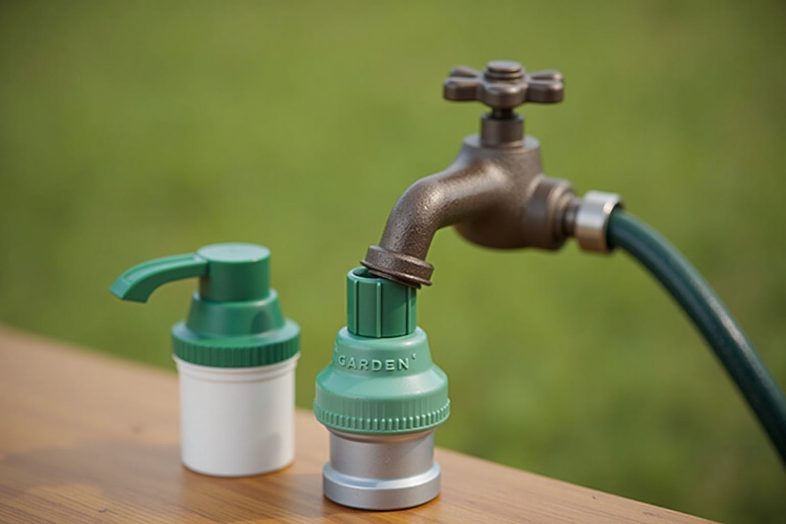 Gardena-Adapter und verschiedene Wasserhahn-Aufsätze in einer Tasche