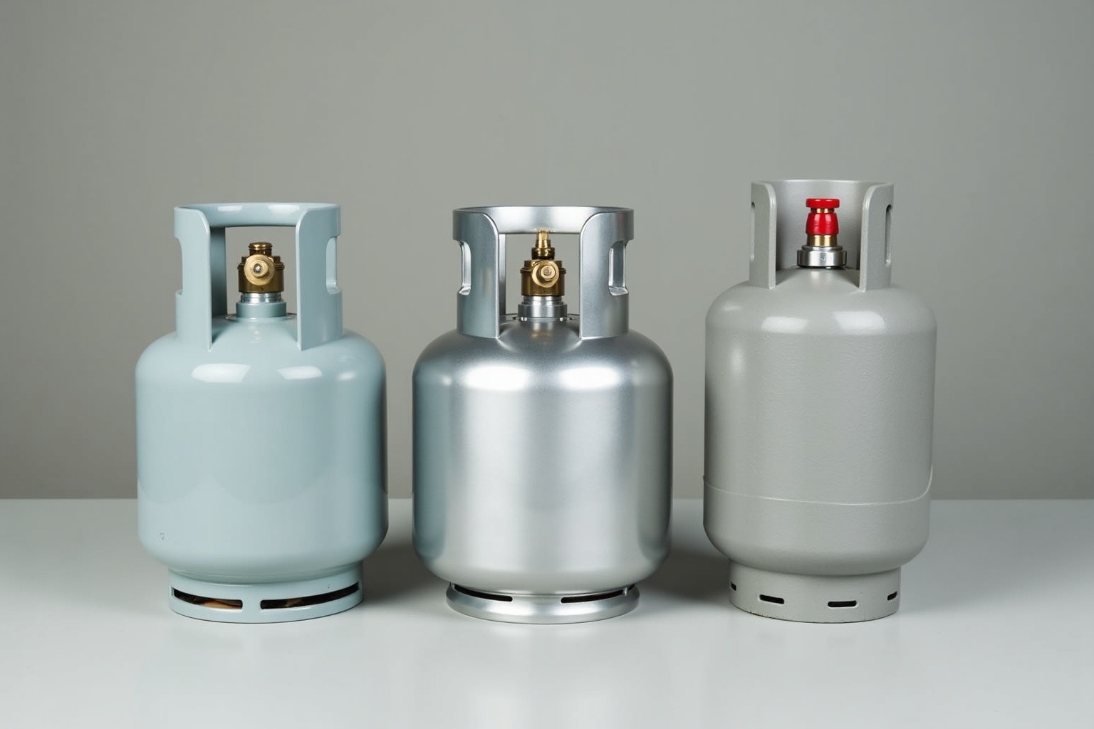 Graue Stahl-Gasflasche und silberne Alugas-Flasche nebeneinander im Gaskasten