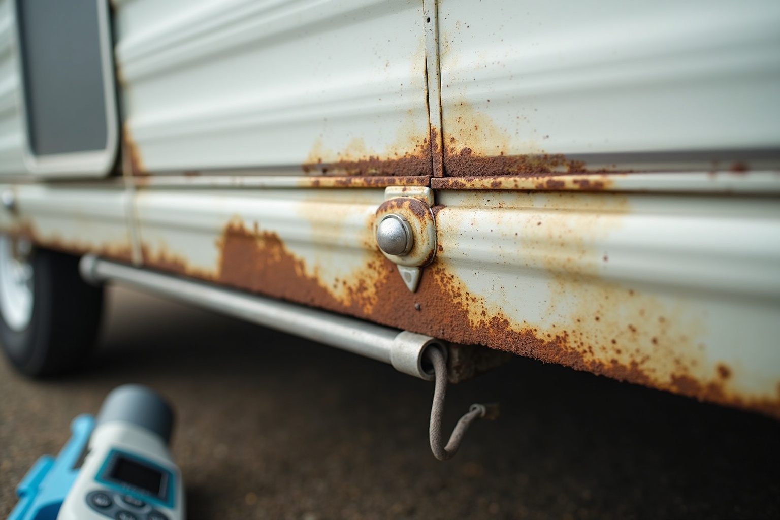 Käufer inspiziert gebrauchten Wohnwagen auf einem Händlergelände