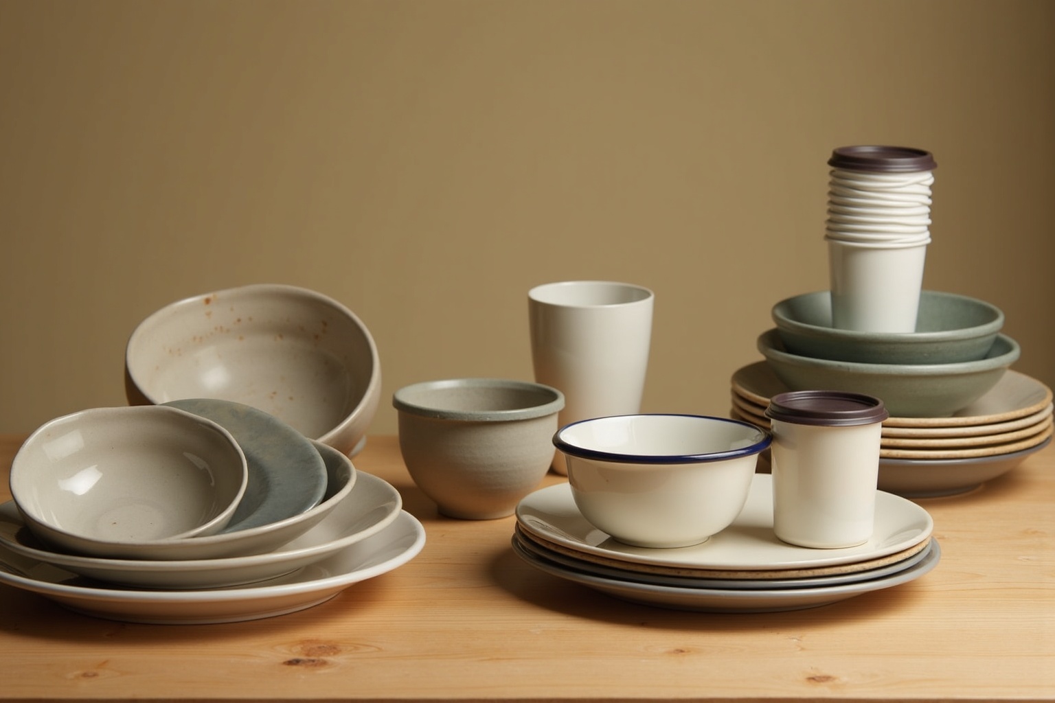 Stapelbares Camping-Geschirr aus Melamin in einem Wohnwagen-Oberschrank