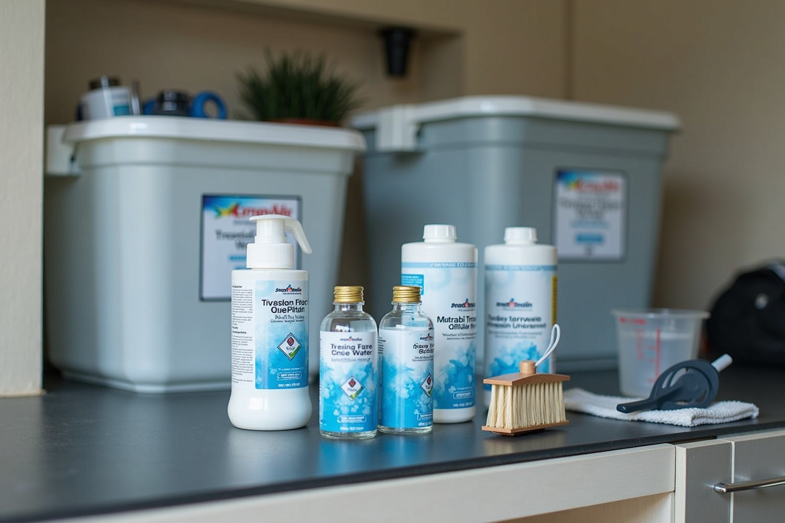 Grauwassertank-Reiniger und Pflegemittel neben dem Abwasserablauf eines Wohnwagens