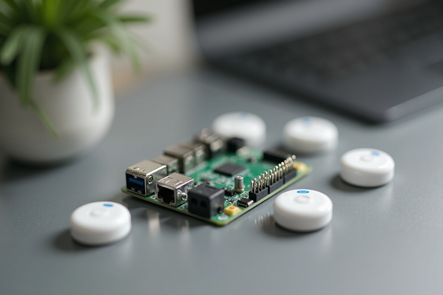 Raspberry Pi mit Zigbee-Stick und Sensoren auf einem Tisch im Wohnwagen