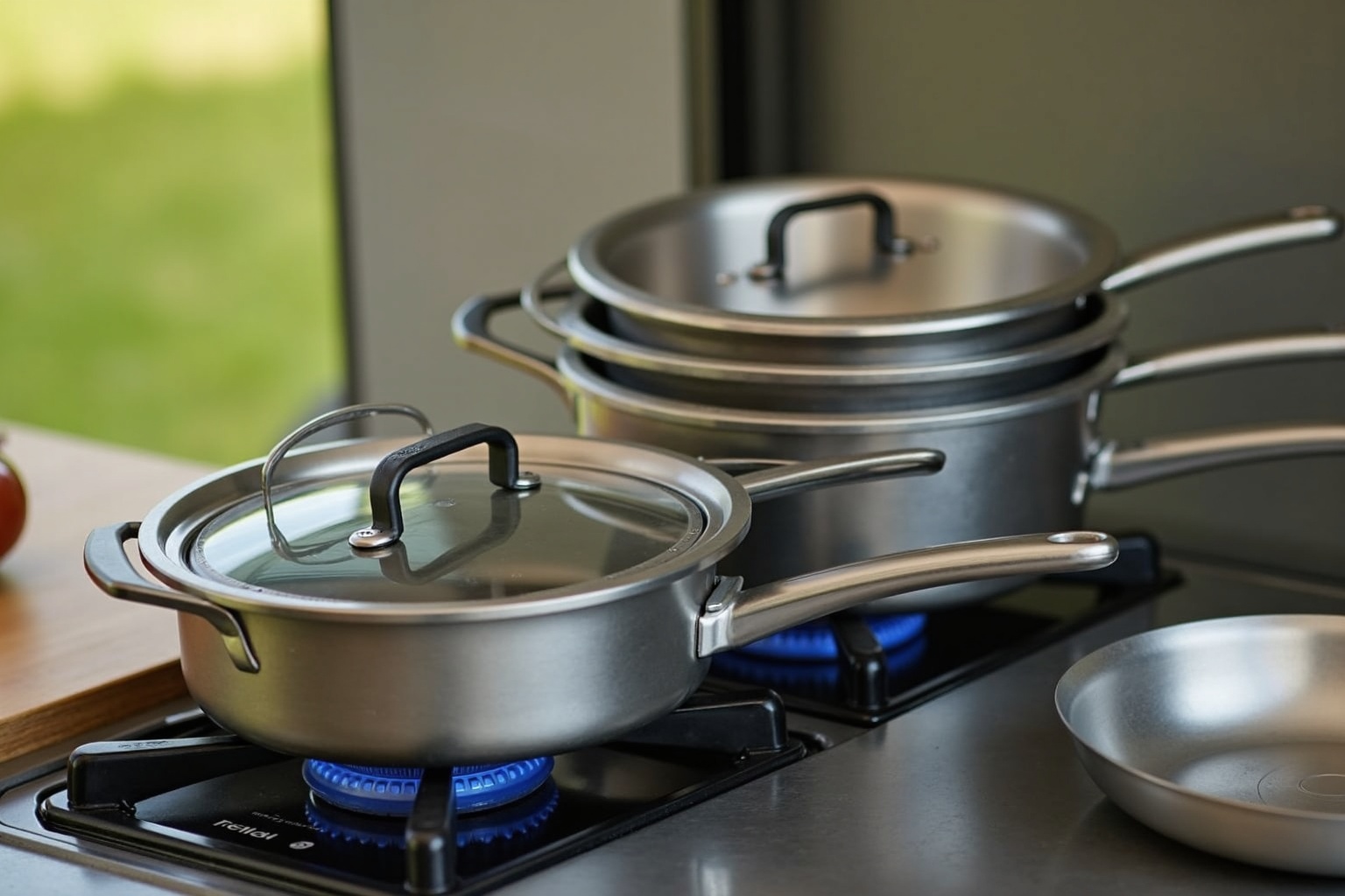 Stapelbares Camping-Kochtopfset neben einem Wohnwagen-Gaskocher