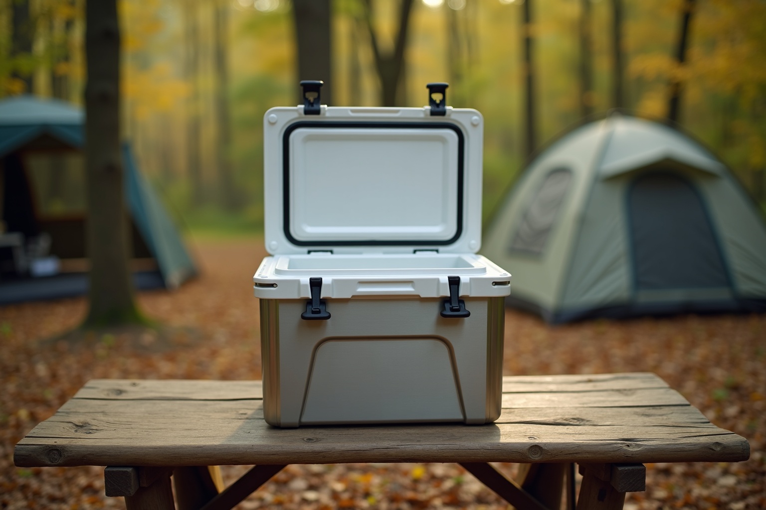 Kompressor-Kühlbox für Camping – moderne Kühlbox auf Campingplatz neben Wohnwagen