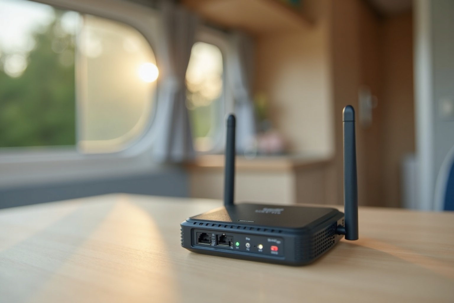 Mobiler LTE-Router auf dem Tisch im Wohnwagen mit Smartphone daneben