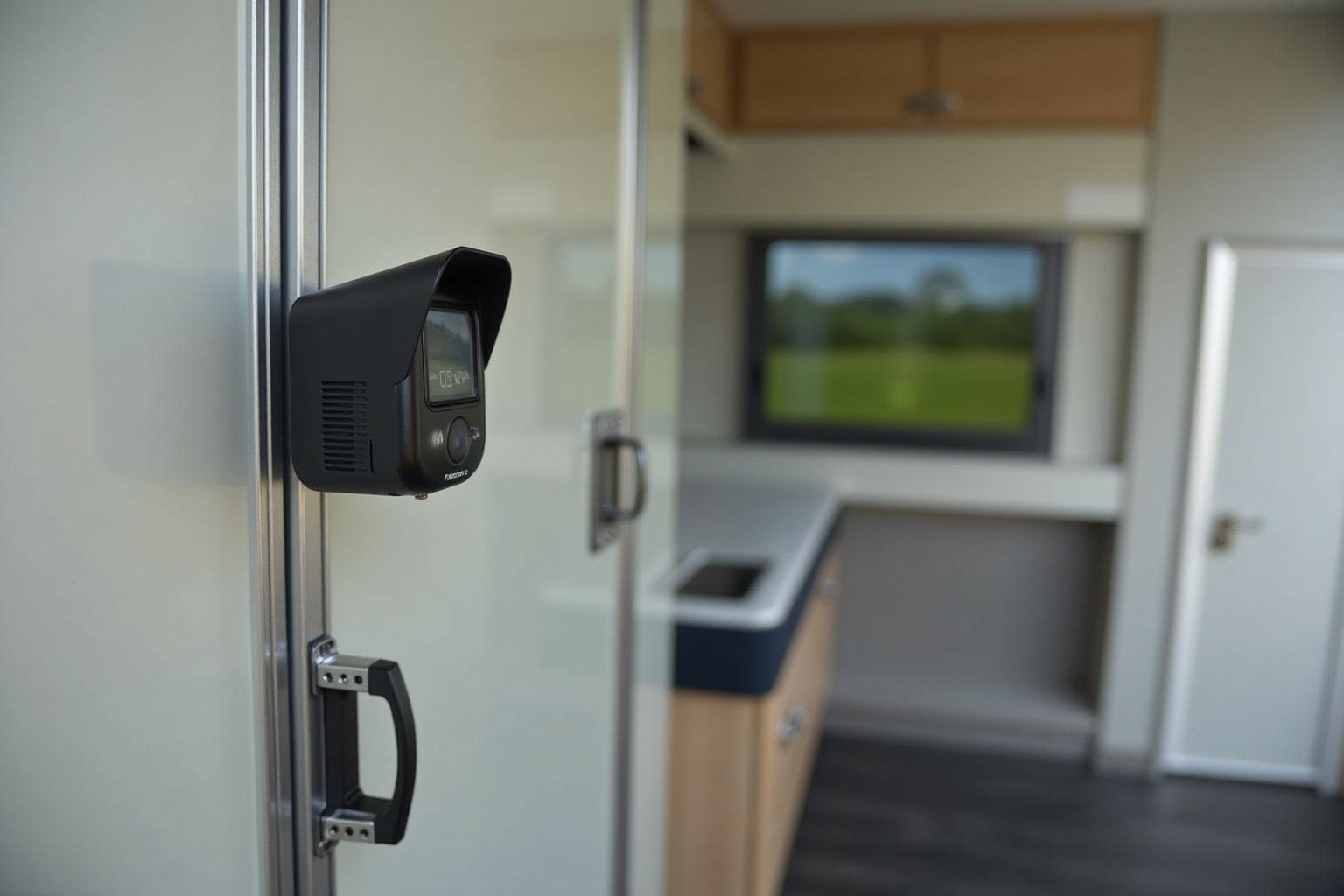Rückfahrkamera montiert am Heck eines Wohnwagens mit Monitor im Zugfahrzeug