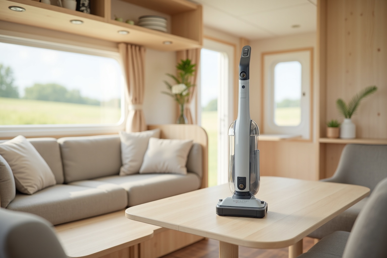 Kompakter Akku-Handstaubsauger im Wohnwagen auf der Sitzgruppe