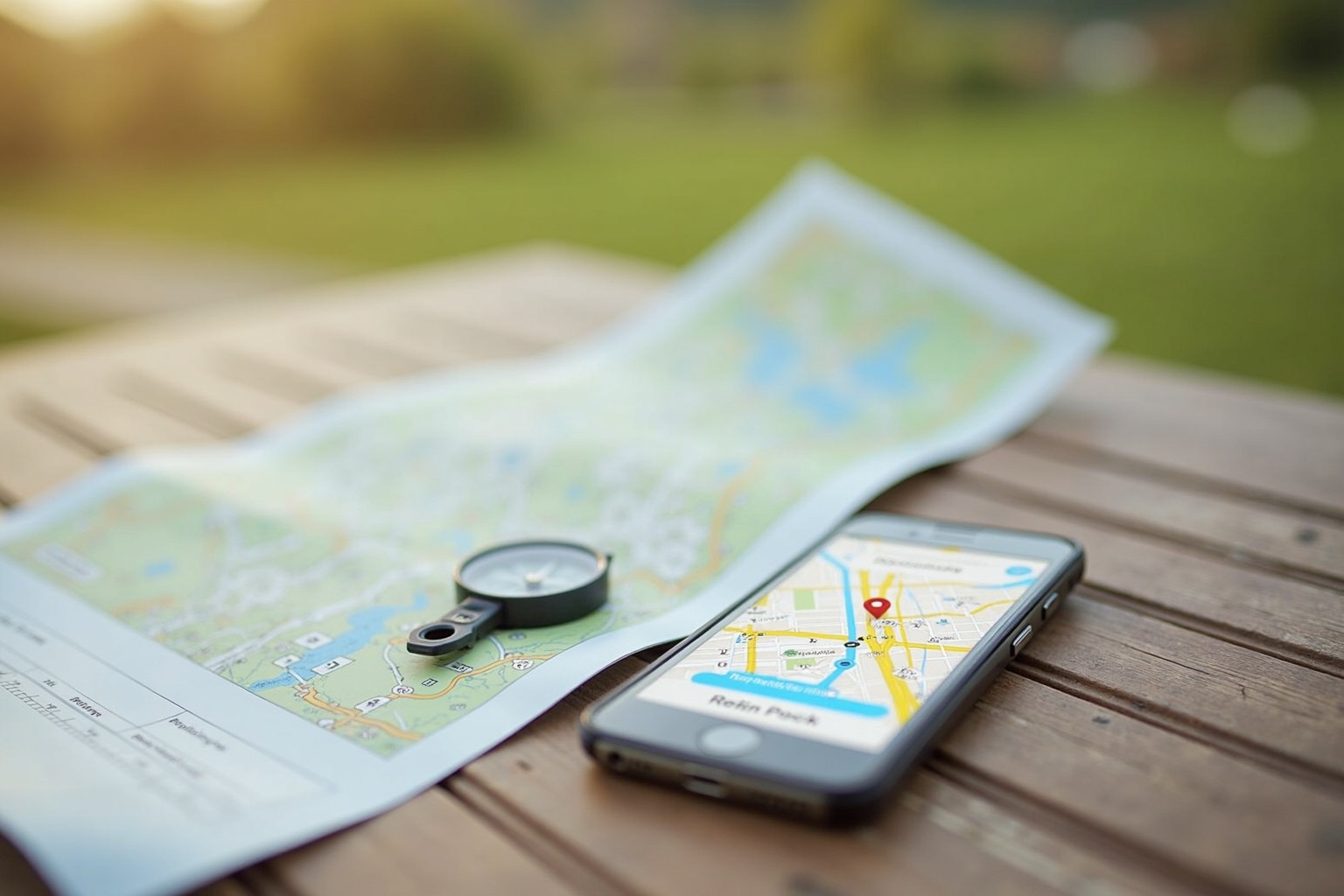 Smartphone mit Stellplatz-App auf einem Campingtisch im Freien