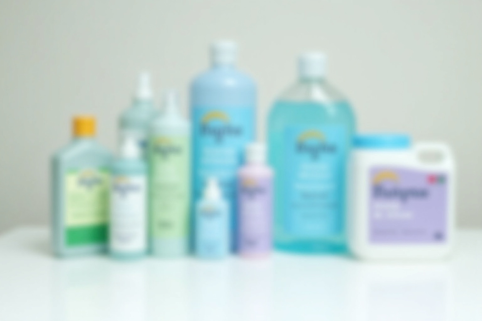 Verschiedene Camping-Toiletten-Chemie-Flaschen und Tabs auf einem Tisch