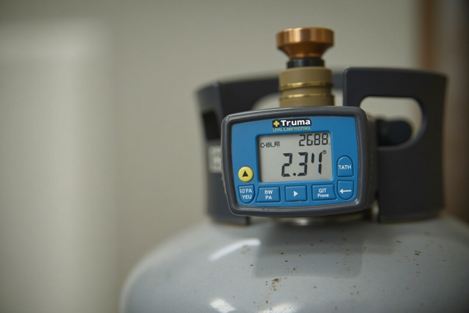 Truma LevelControl Gasstandsensor mit App-Anzeige auf einem Smartphone