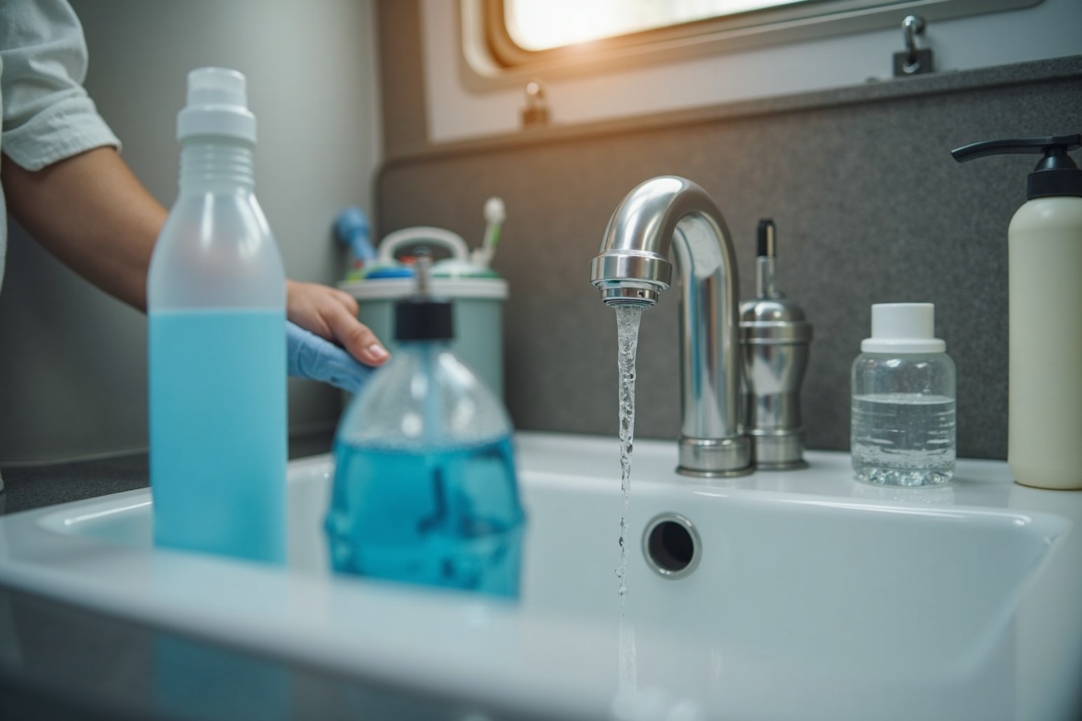 Reinigung der Wohnwagen-Wasseranlage mit Schläuchen und Reinigungsmittel