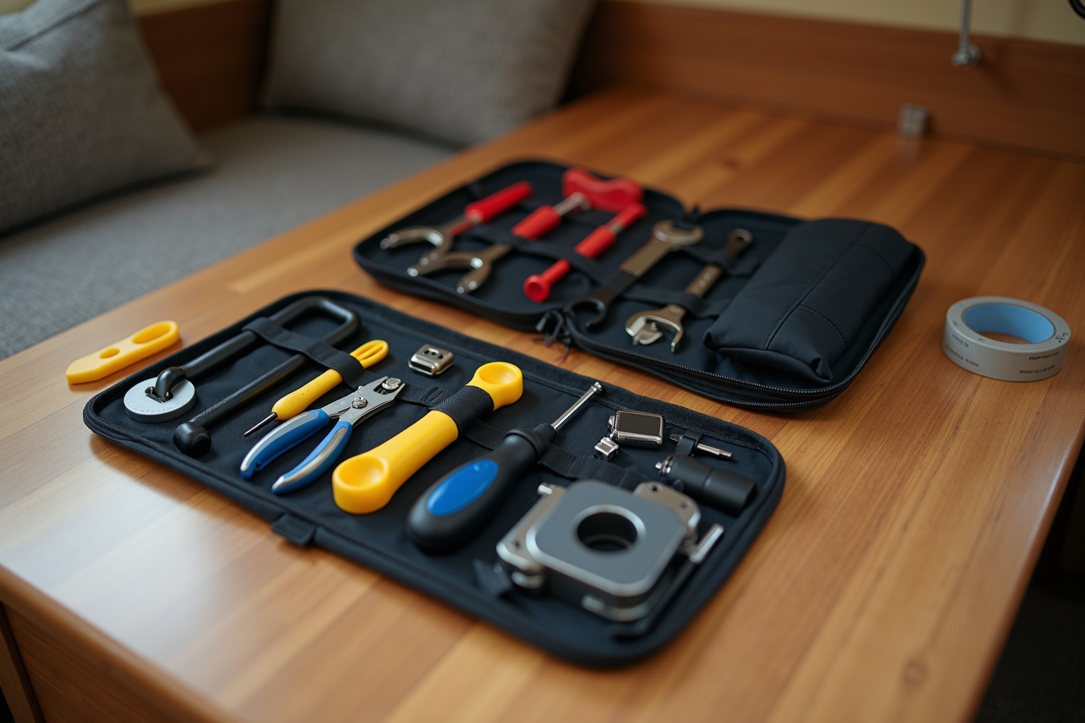 Werkzeugtasche mit Schraubendreher, Zange und Panzertape im Wohnwagen
