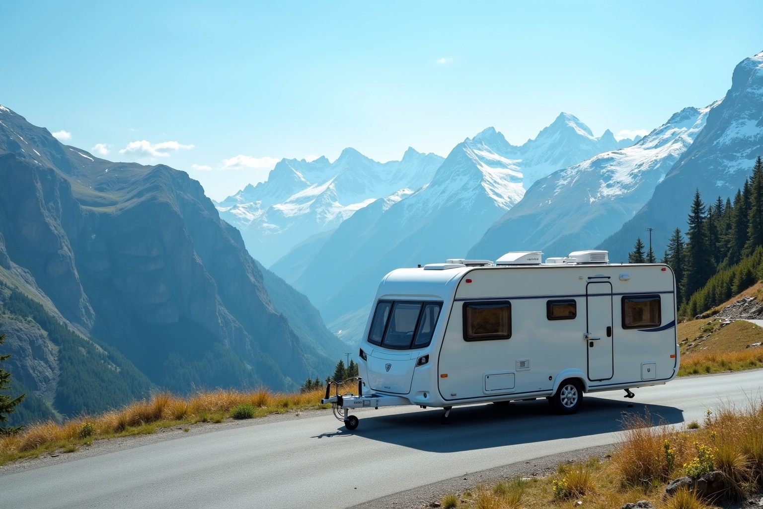 Wohnwagen auf einer Alpenstraße mit Bergpanorama