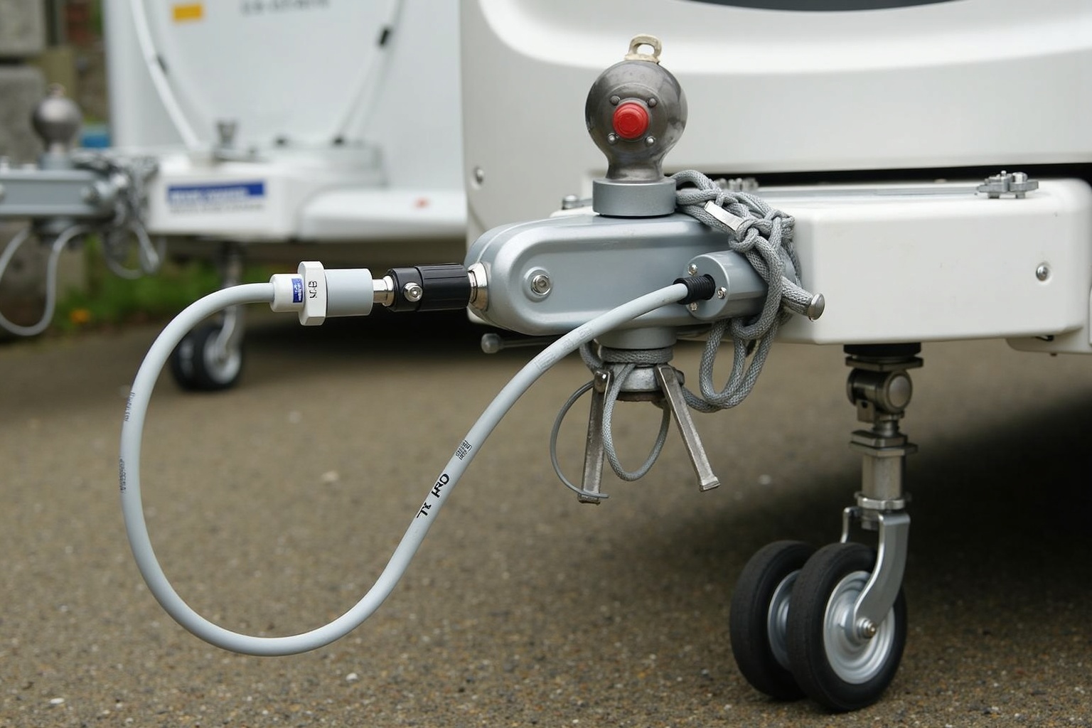 Fahrer kuppelt Wohnwagen sorgfältig an die Anhängerkupplung